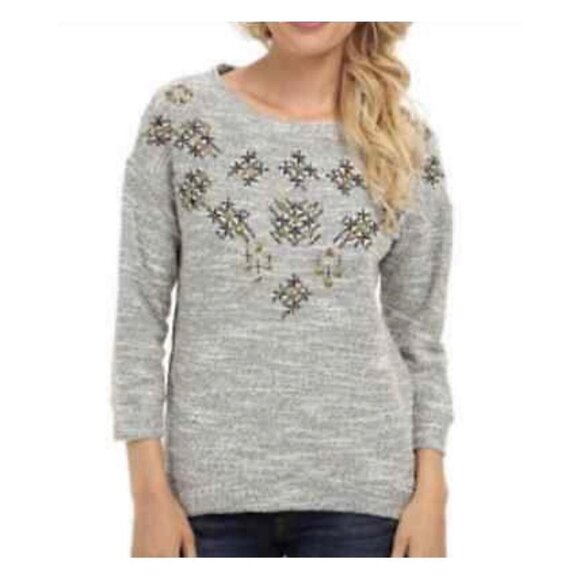 Lucky Brand Women's Gray Studded Embellished Snowflake Pockets Sweater Small - Picture 1 of 10